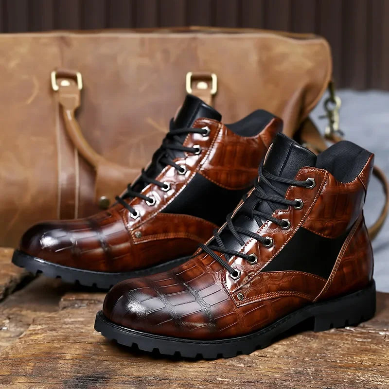 Jamison | Men's Combat Alligator Embossed Ankle Boots